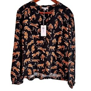 Emily and Fin Edie Blouse Leaping Leopard Print Black Women's Medium, NWT NEW‎